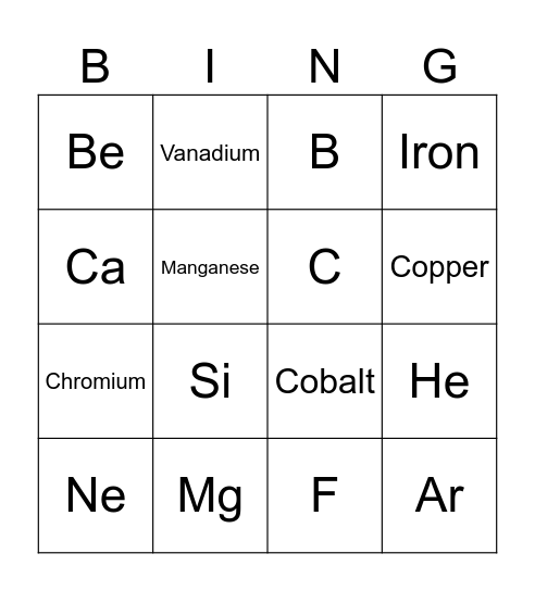 Periodic Table Bingo Card