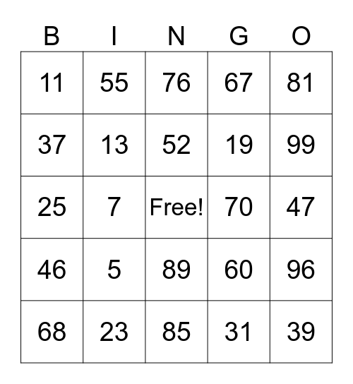 Number BINGO Card