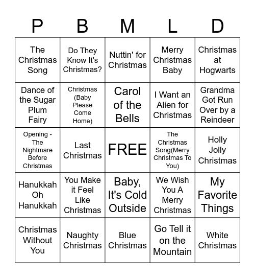 Holiday Musical Bingo Card