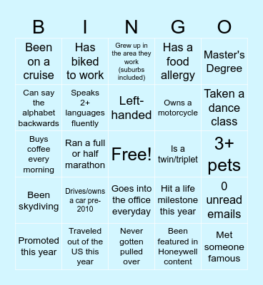 Round 1: Get to Know you! Bingo Card