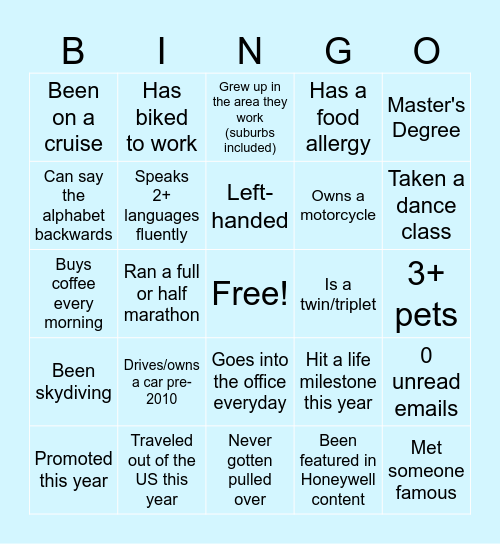 Round 1: Get to Know you! Bingo Card