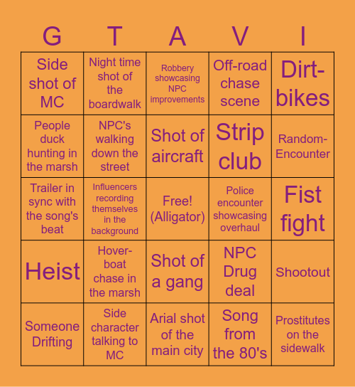 GTAVI Trailer Bingo Card