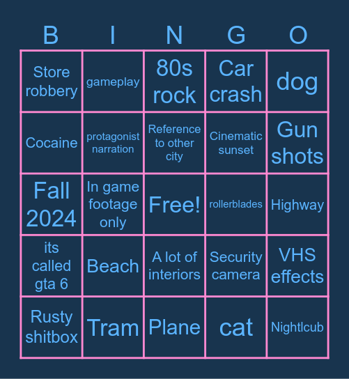 Grand Theft Auto VI Bingo Card