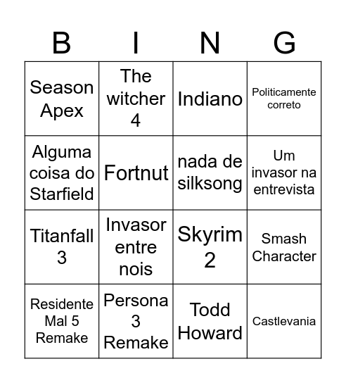 The Game Awards Bingo Card