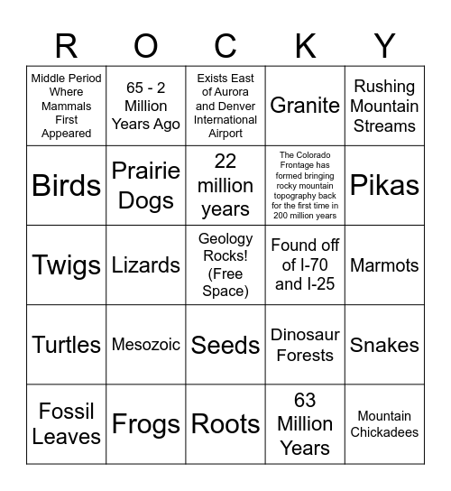 The Rockies Bingo Card