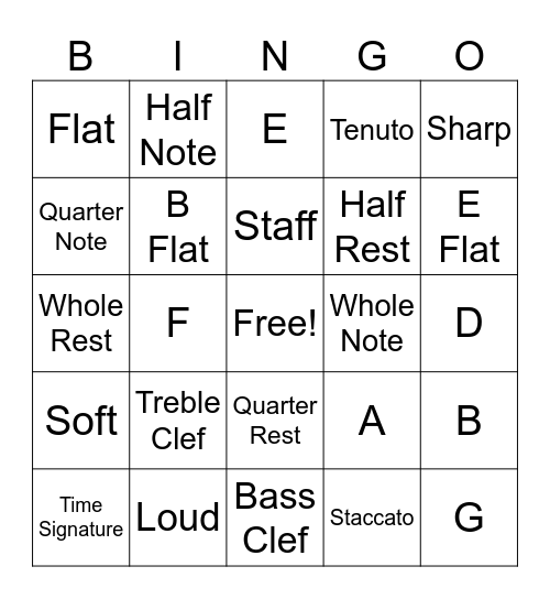 5th Grade Band Bingo Card