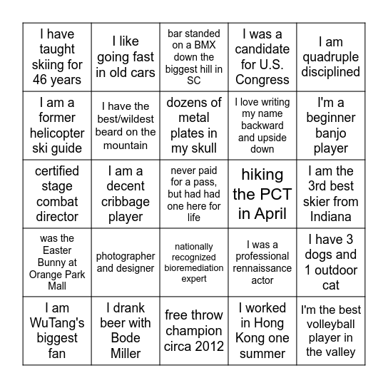 Instructor Bingo Card