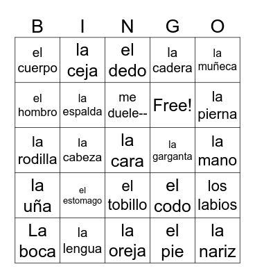 las partes del cuerpo Bingo Card