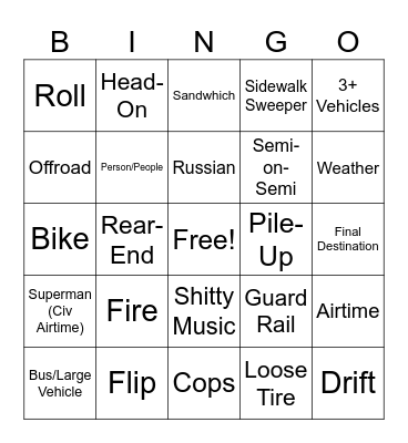 Car Crash Bingo Card