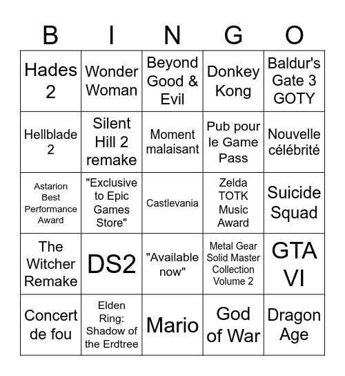 TGA 2023 Bingo Card