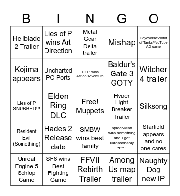 Game Awards 2023 Bingo Card