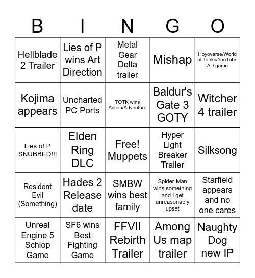 Game Awards 2023 Bingo Card