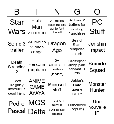 Game Awards 2023 Bingo Card
