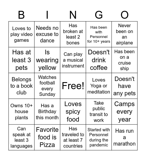 Personnel Department Holiday Party Icebreaker Bingo Card