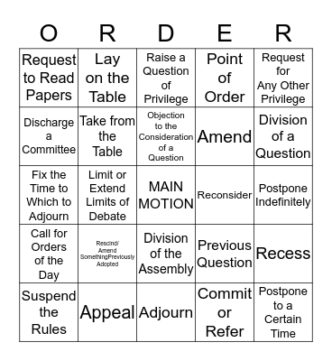 A SUMMARY OF MOTIONS Bingo Card