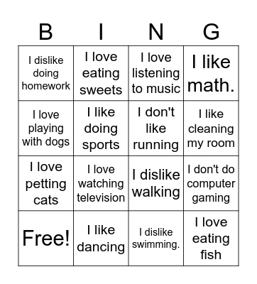 Likes and dislikes Bingo Card