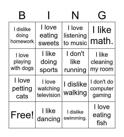 Likes and dislikes Bingo Card