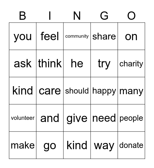 Vocabulary Bingo Card