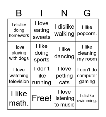 Likes and dislikes Bingo Card