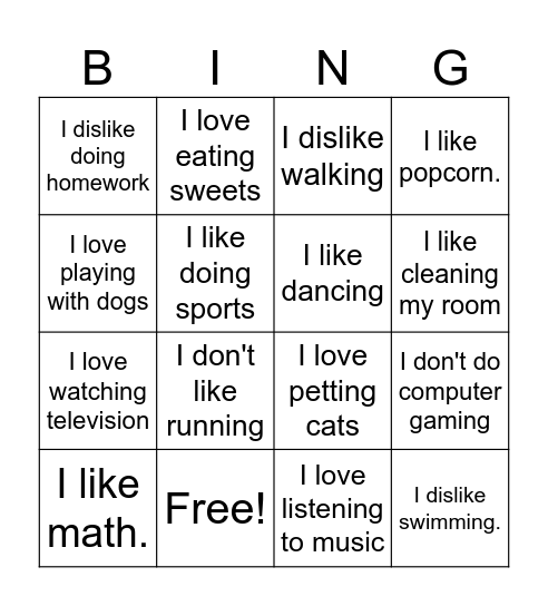 Likes and dislikes Bingo Card