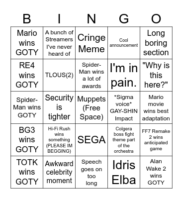 Gamer Awards 2023 Bingo Card