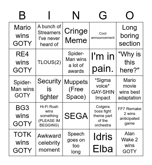 Gamer Awards 2023 Bingo Card