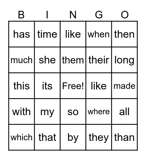 Sight Word List B Bingo Card