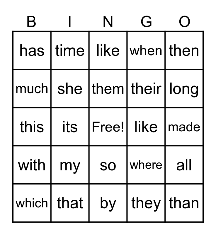 Sight Word List B Bingo Card