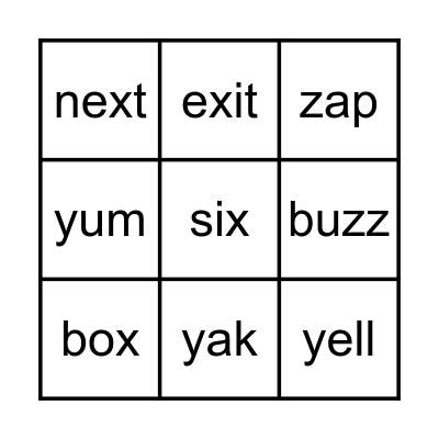 y,x,z sounds Bingo Card