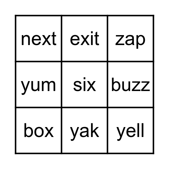 y,x,z sounds Bingo Card