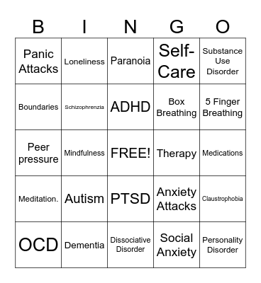 Mental Health Bingo Card