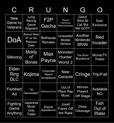 Game Awards 2023 Bingo Card
