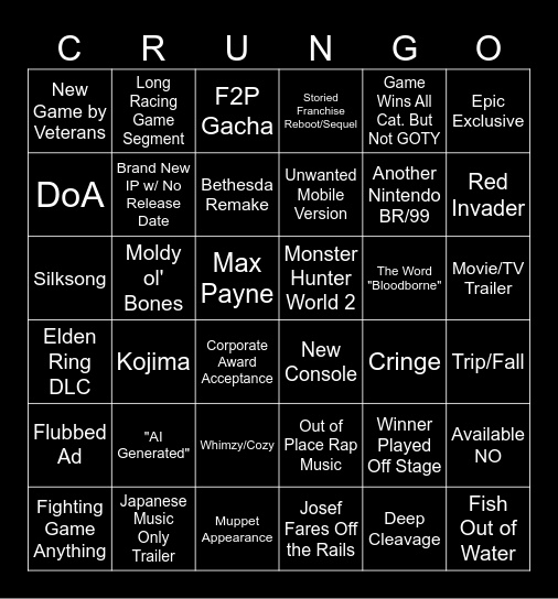 Game Awards 2023 Bingo Card