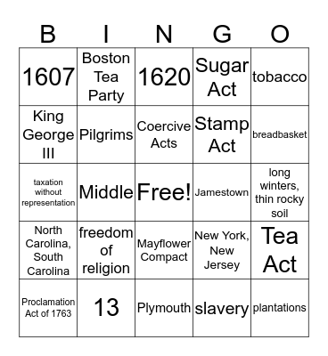 Colonial & Revolution Review Bingo Card