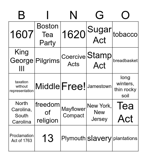 Colonial & Revolution Review Bingo Card