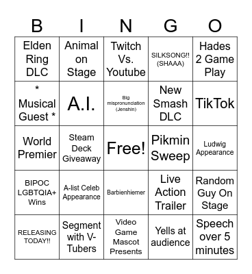 Game Awards 2023 Bingo Card