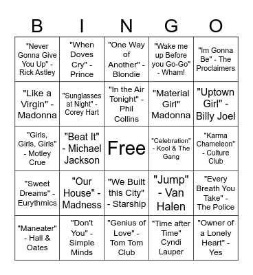 80's Music Bingo Card