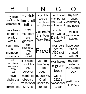 VOCATIONAL SERVICE Bingo Card