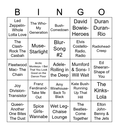 Radio Bingo United Kingdom Bingo Card