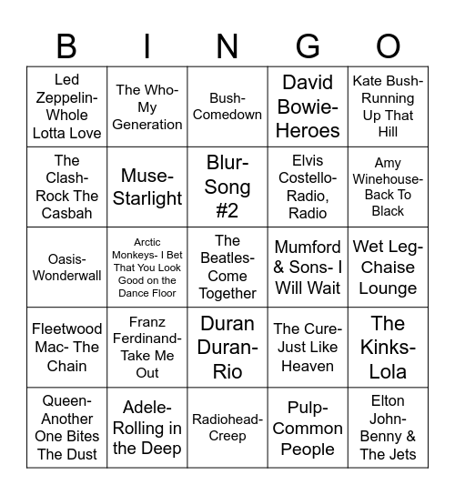 Radio Bingo United Kingdom Bingo Card