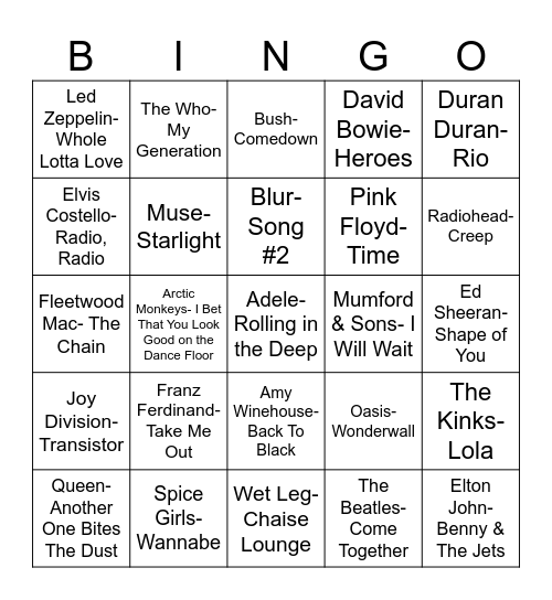 Radio Bingo United Kingdom Bingo Card