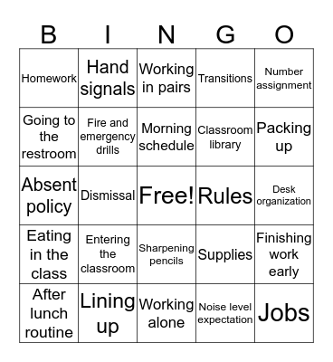 Procedures Bingo Card