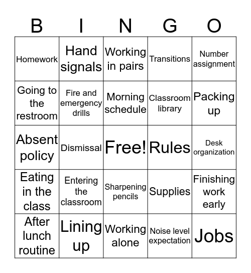 Procedures Bingo Card