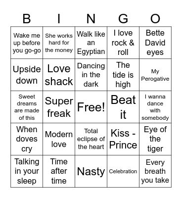 80s Hits Bingo Card