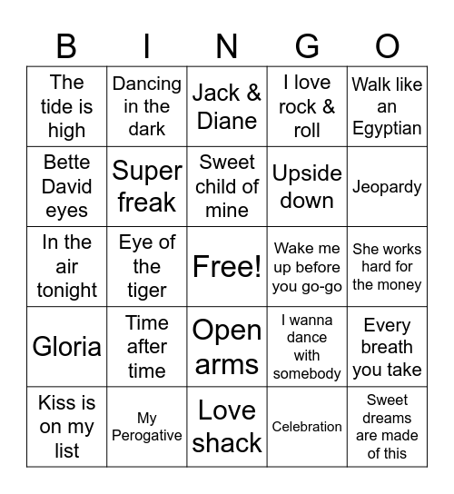 80s Music Bingo Card