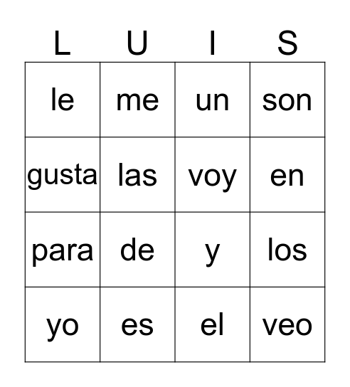 Site Words Spanish Bingo Card