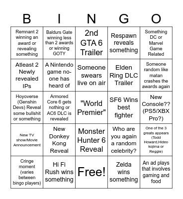 Game Awards 2023 Bingo Card