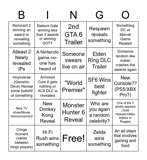 Game Awards 2023 Bingo Card