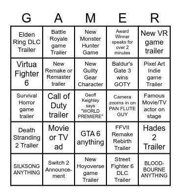 2023 Game Awards Bingo Card