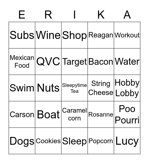 ERIKA'S BRIDAL SHOWER Bingo Card